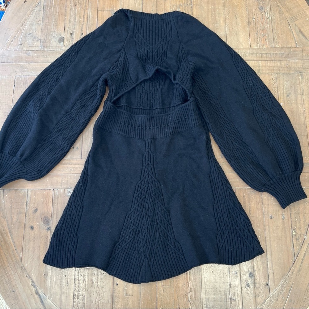 Free People Women's Large Black Emmy Mini Sweater Dress Ribbed Open Back Knit - Picture 7 of 12